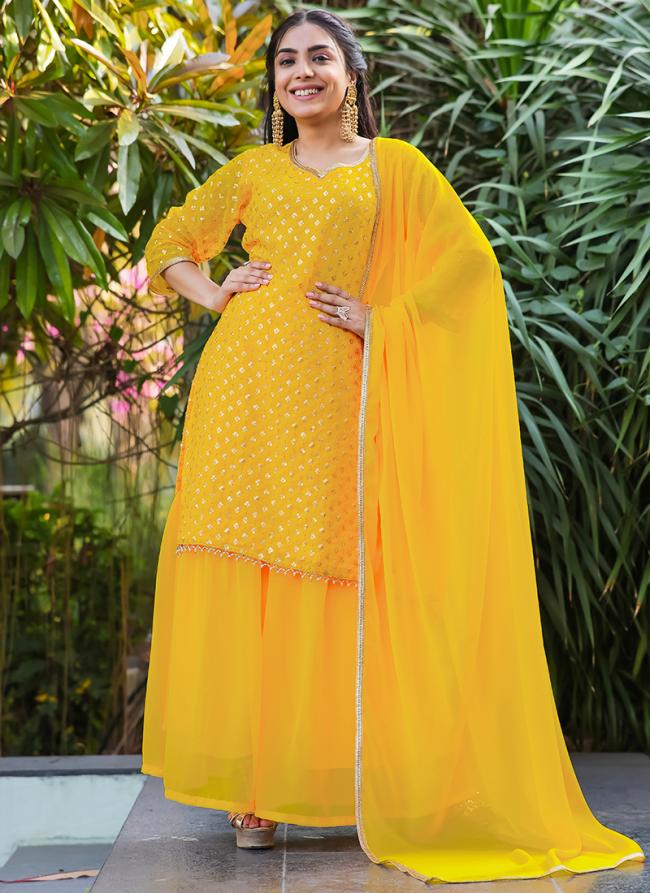 Georgette Yellow Party Wear Sequins Work Readymade Plazzo Suit